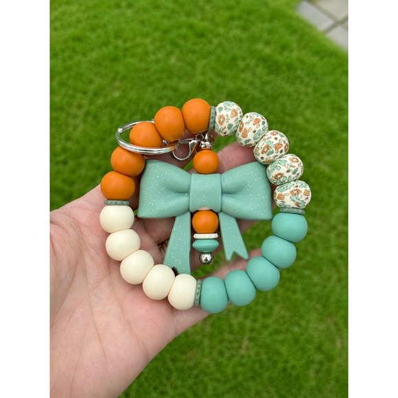 Handmade Accessories - Mushroom Garden Beaded Wristlet Keychain with Detachable Bow Sage Orange Cream